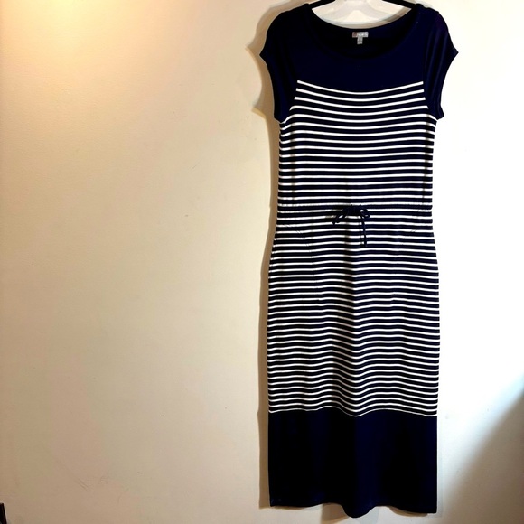 TALBOTS Sz M Navy and White Striped Cap Sleeve Drawstring Maxi Dress Side Slit - Picture 2 of 11
